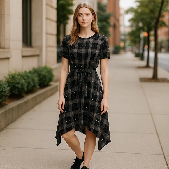 Elle Dresses & Skirts - ELLE Black Plaid Polka Dot Handkerchief Hem Dress Women’s Large Fit & Flare
